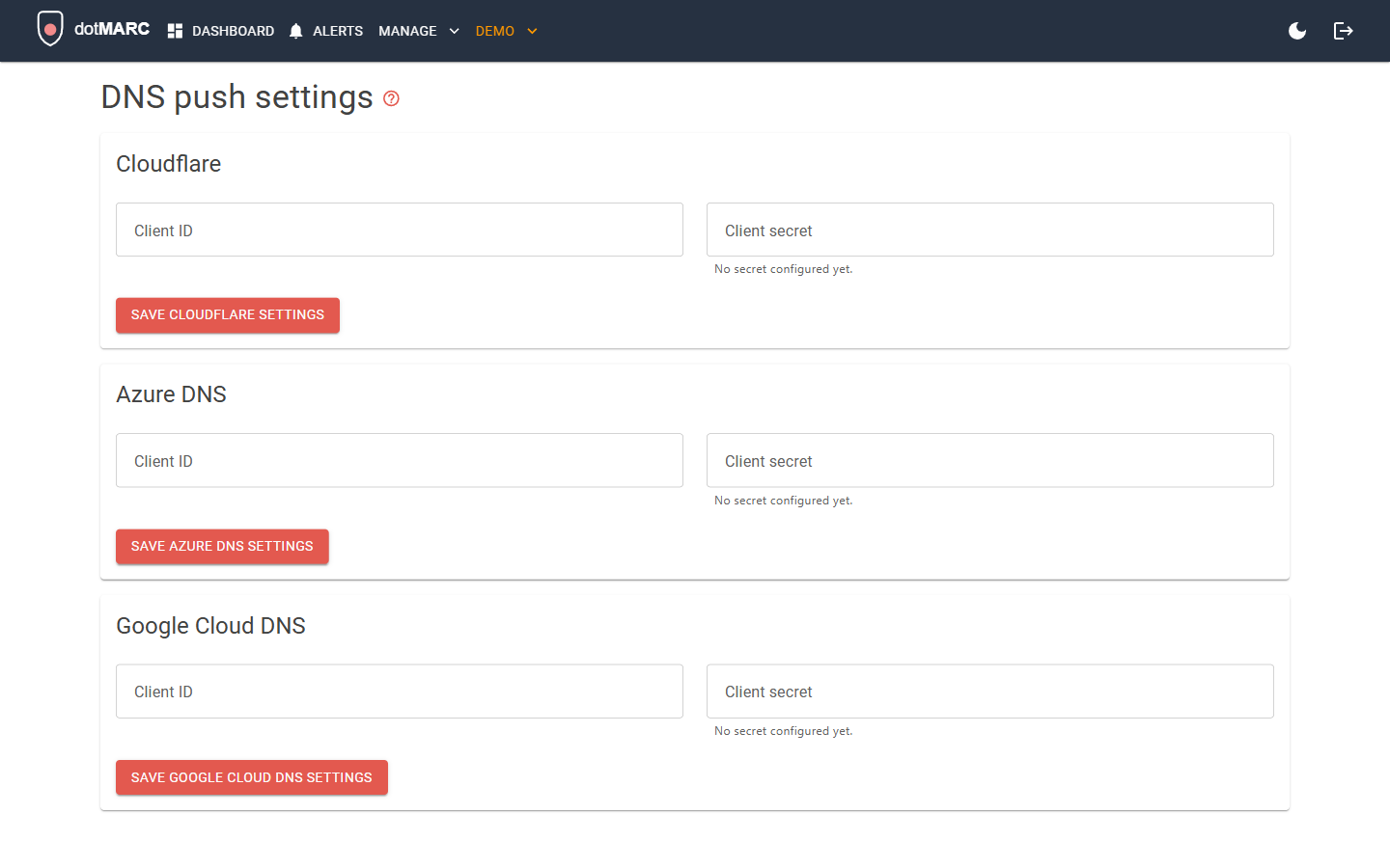 dotMARC DNS push settings page showing Cloudflare, Azure DNS, and Google Cloud DNS configuration fields